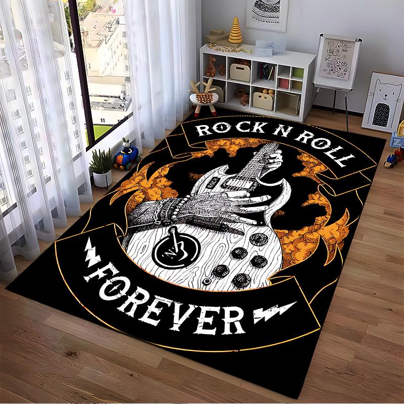 "Rock N Roll Forever Guitar Hand Print Carpet, Black Orange Design" Suitable for use as an anti-slip for living room bedroom sofas