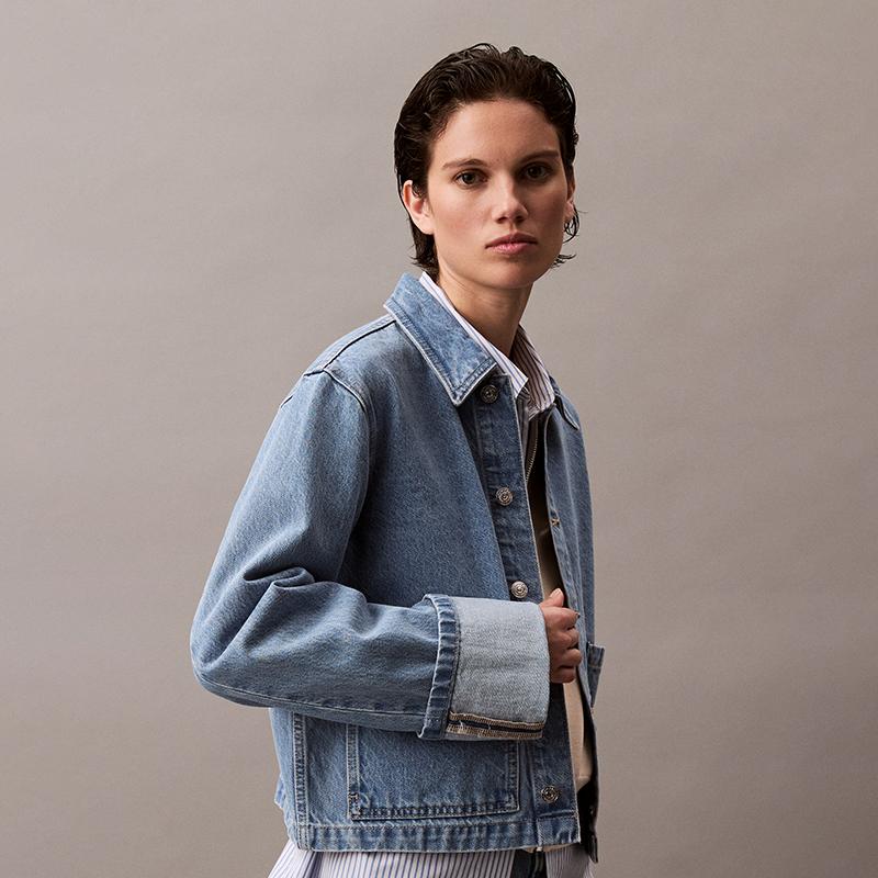 Calvin Klein Trendy Rolled Cuff Cotton Denim Jacket Women Jackets Light-Blue 44B742G