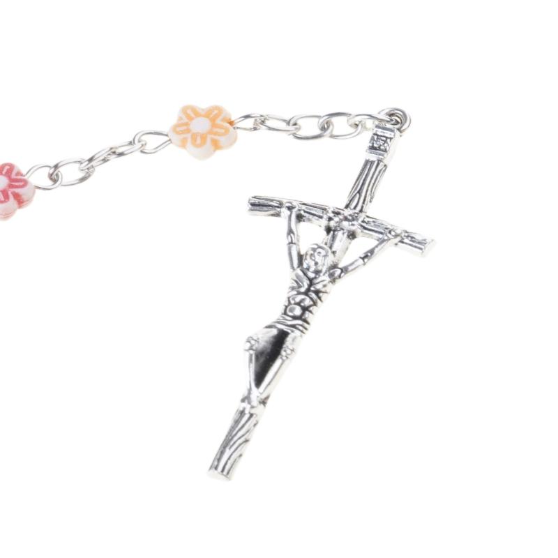 Rosary Crystal Bead Necklace Catholic Rosary Bead with Metal Crucifix Religious Jewelry for Women Flower Beaded Necklace