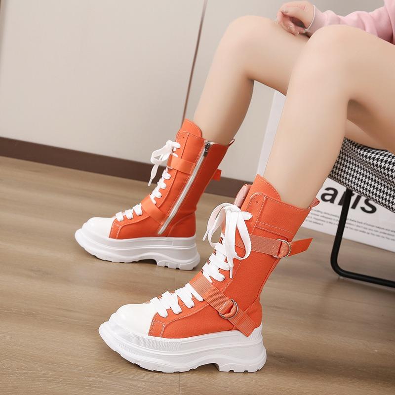 Canvas Chunky Platform Women's Boots Lace-Up Side Zipper Modern Boots Woman Thick Bottom Non-Slip Ankle Booties Bota Feminina