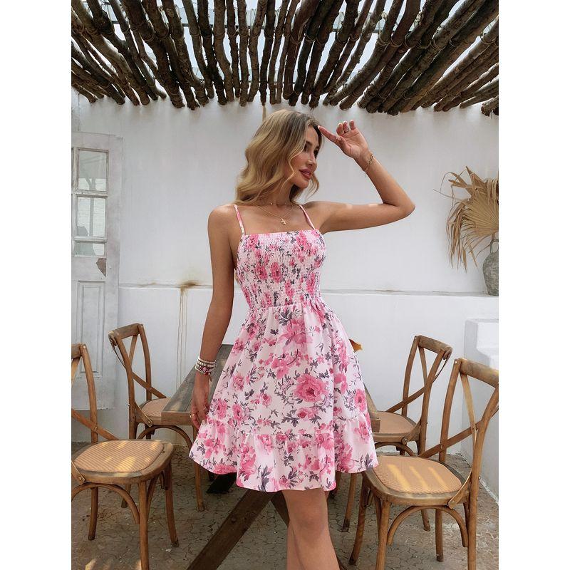 

Sling Dress Fashion Style Sweet Small off-Neck Silm Printing a Words Lotus Leaf Skirt Female Dress Pink S