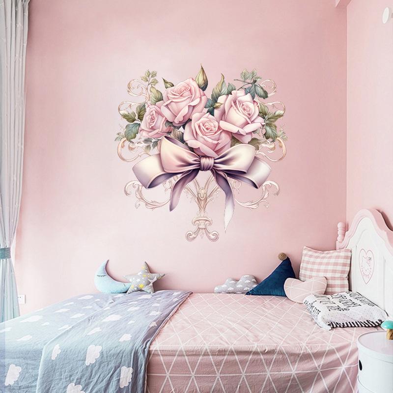 Rosa Rosen Wandsticker Schleifendekor Selbstklebend Romantische Schlafzimmer Kopfteil Hintergrunddekoration Warm Gemütliches Zuhause