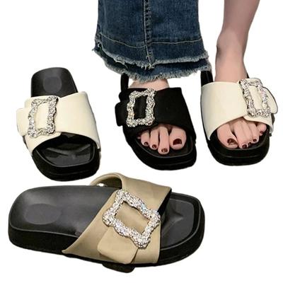 Fashion Crystal Buckle Bling Bling Women Slippers Black Khaki Beige Slip On Fashion Slides Casual Sandals Rhinestone Comfort Shoes