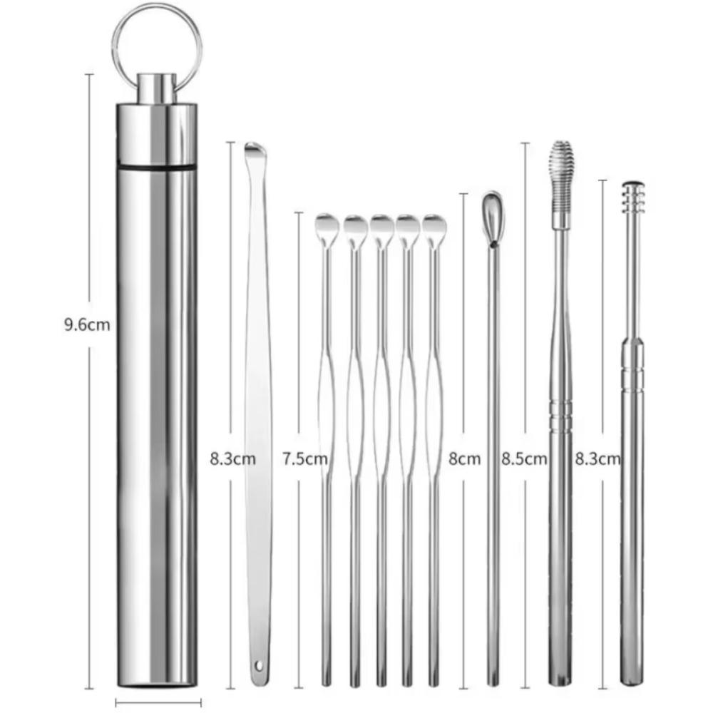 9Pcs/set New 9Pcs/Set Earwax Removal Tools Stainless Steel Curette Spoon Earpick Easy Carry Ear Care Ear Clean Tool