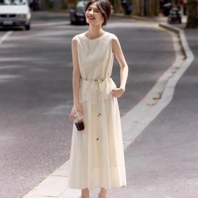 Chic Two-Piece Set: Sleeveless Top & Tie-Up Skirt - Elegant, Lace, Youthful Style