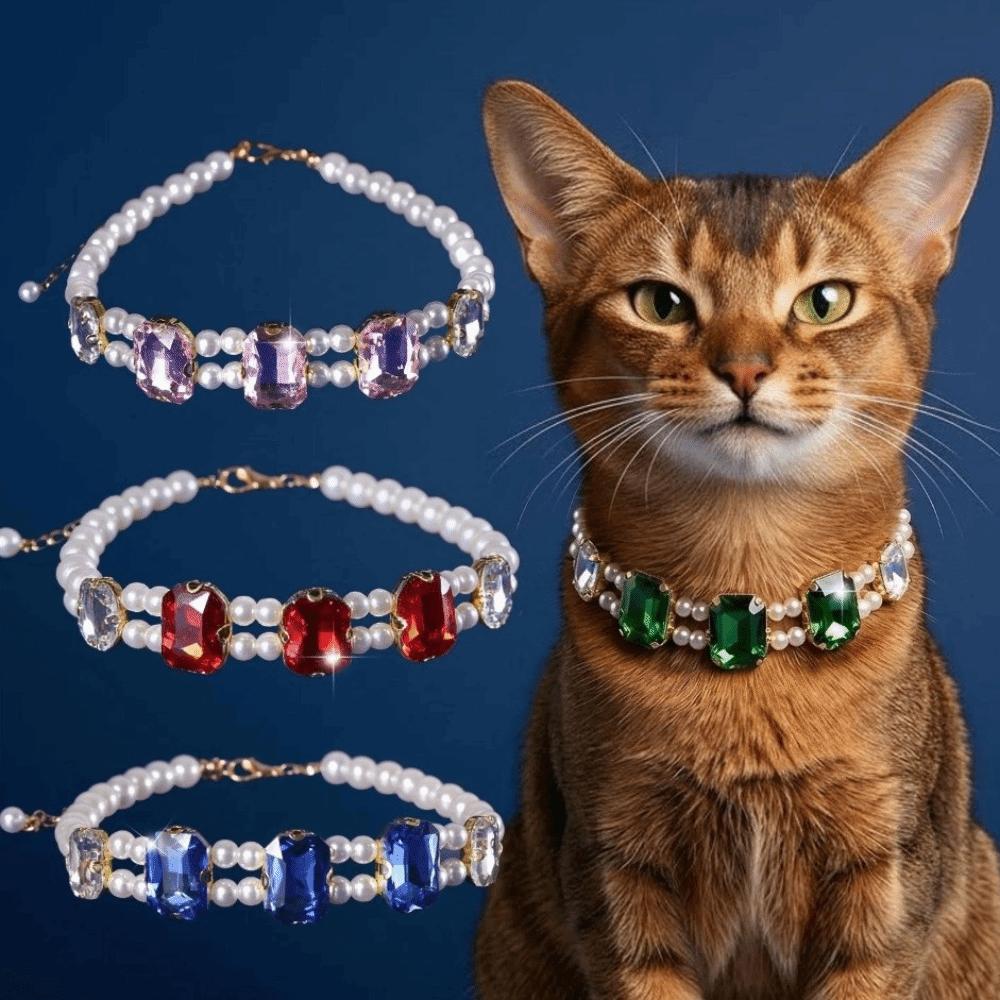 Adjustable Gemstone Cat Puppy Necklace Double Layer Luxury Pet Jewelry Pet Pearl Collar  Small Dogs