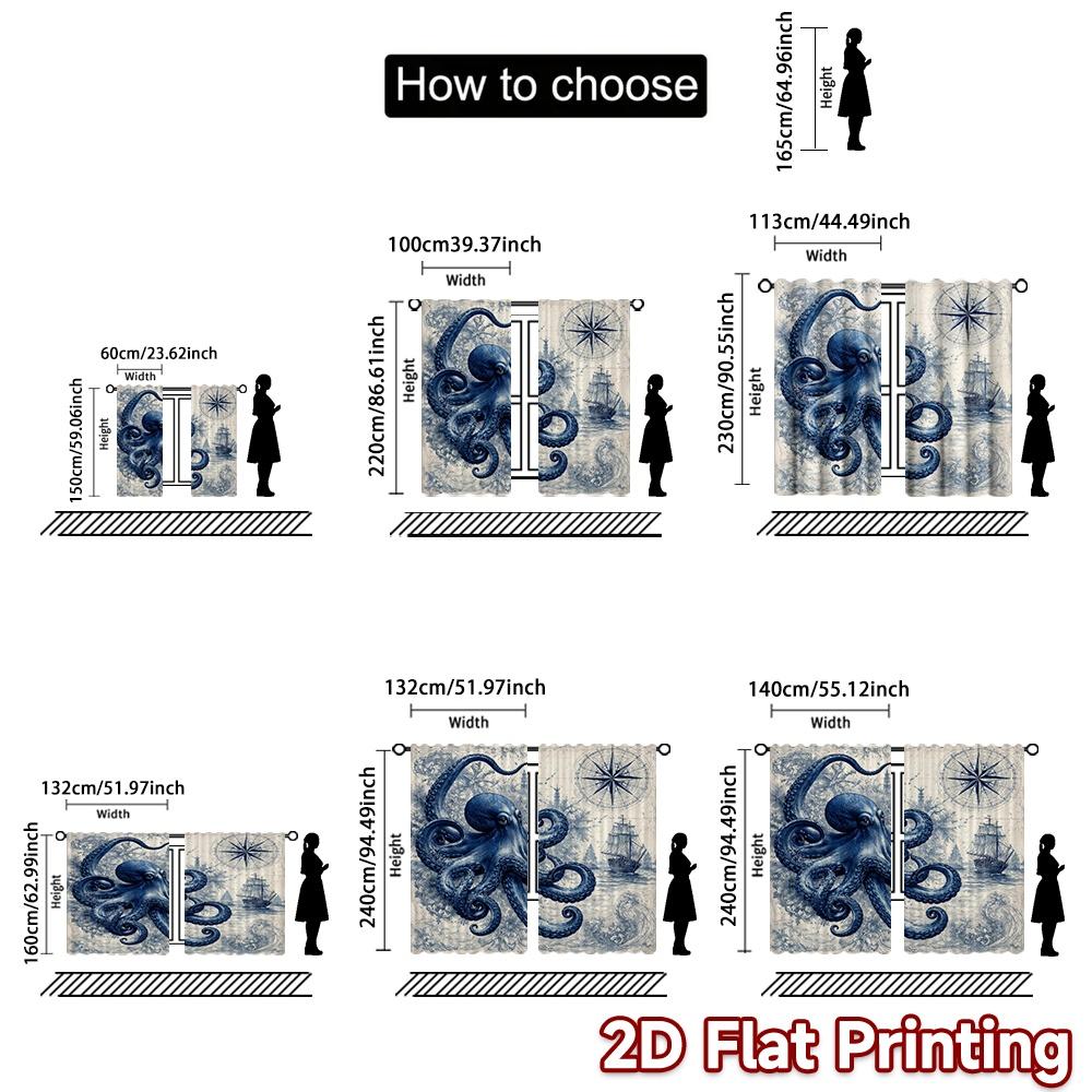 2D FLAT PRINTING 2pcs Curtains (Without Rod) Nautical Adventure Drawing Print Chic Curtains Machine Washable Fabric Curtains Art
