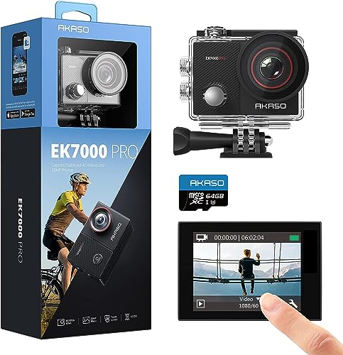 

AKASO EK7000 Pro 4K Action Camera with 64GB Memory Card, 20MP Touch Screen, Type-C External Microphone, Image Stabilization, Wi-Fi, Wide-Angle Lens, 4