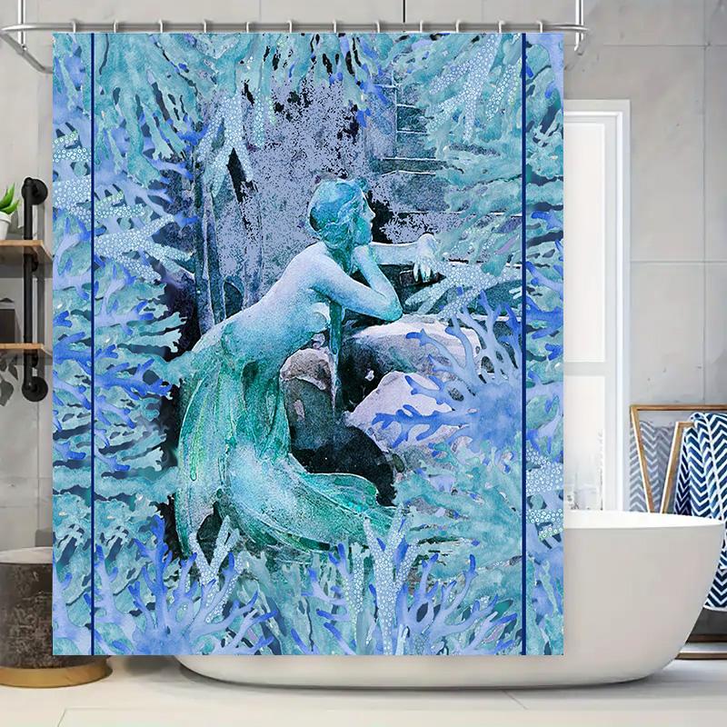 Luxury Watercolor Bath Curtain Blue Mermaid Design for Bathroom Decorations Home Accessories Shower Curtains in Green Blue Color