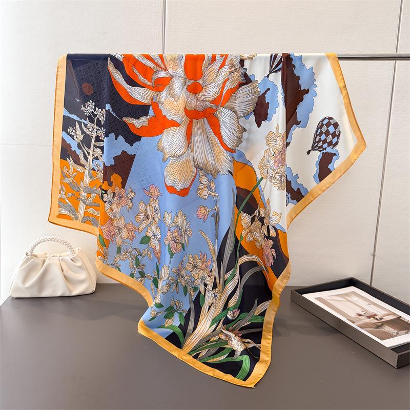 Contrasting Color Satin Imitation Silk Printing Large Square Scarf Silk Scarf Shawl Headscarf Neck Protection Scarf