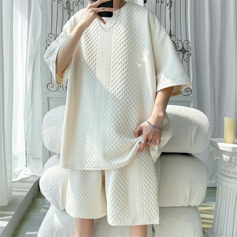 2026 Summer Men Sets Fashion Loose Casual T Shirts + Shorts Men New Korean High Street Jacquard Plaid T-shirt Short Sets