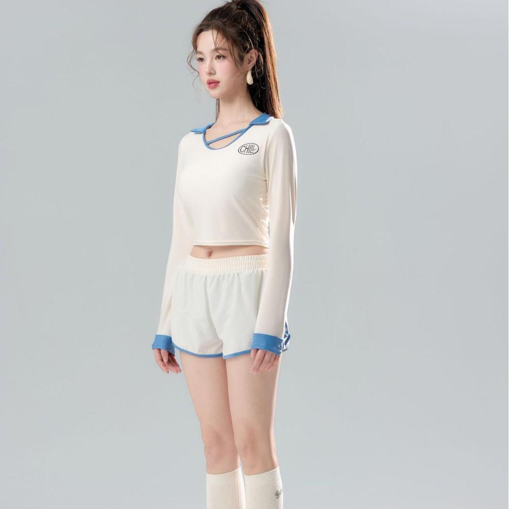 Korean Style 2025 Women's Slimming Sports Swimsuit: 4-Piece Set with Long Sleeves and Split Flat-Leg Design