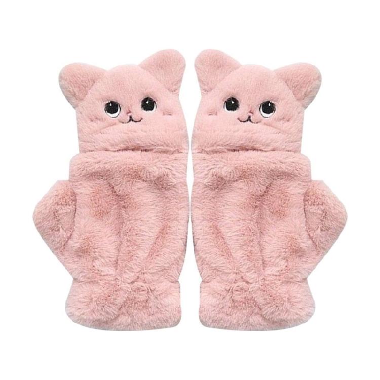 Women Winter Flip Gloves Convertible Mittens Thick Cat Plush Half Finger Gloves with Cover Flip Half Finger Gloves