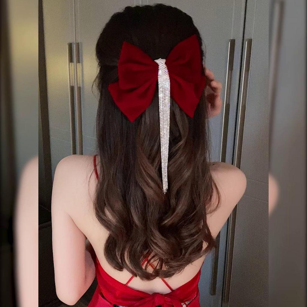 Lady Elegancka kokardka Aksamitna szpilka do włosów Dziewczyna Rhinestone Tassel Klips do włosów Nakrycie głowy Modne akcesoria do włosów