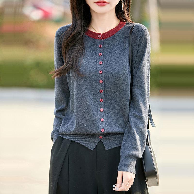 Autumn Winter O Neck Single Breasted Patchwork Knitting Coat Women Casual All-match Cardigan Sweater Top