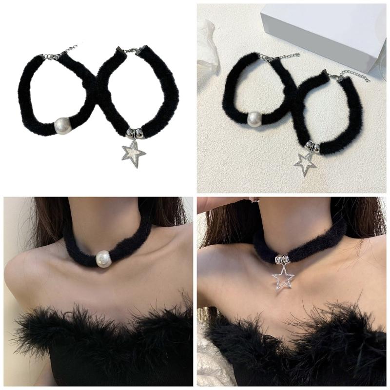 Soft Necklace Star/Round Bead Collarbone Chain Elegant Black Plush Neckchain Choker Pentagrams Accessory for Women
