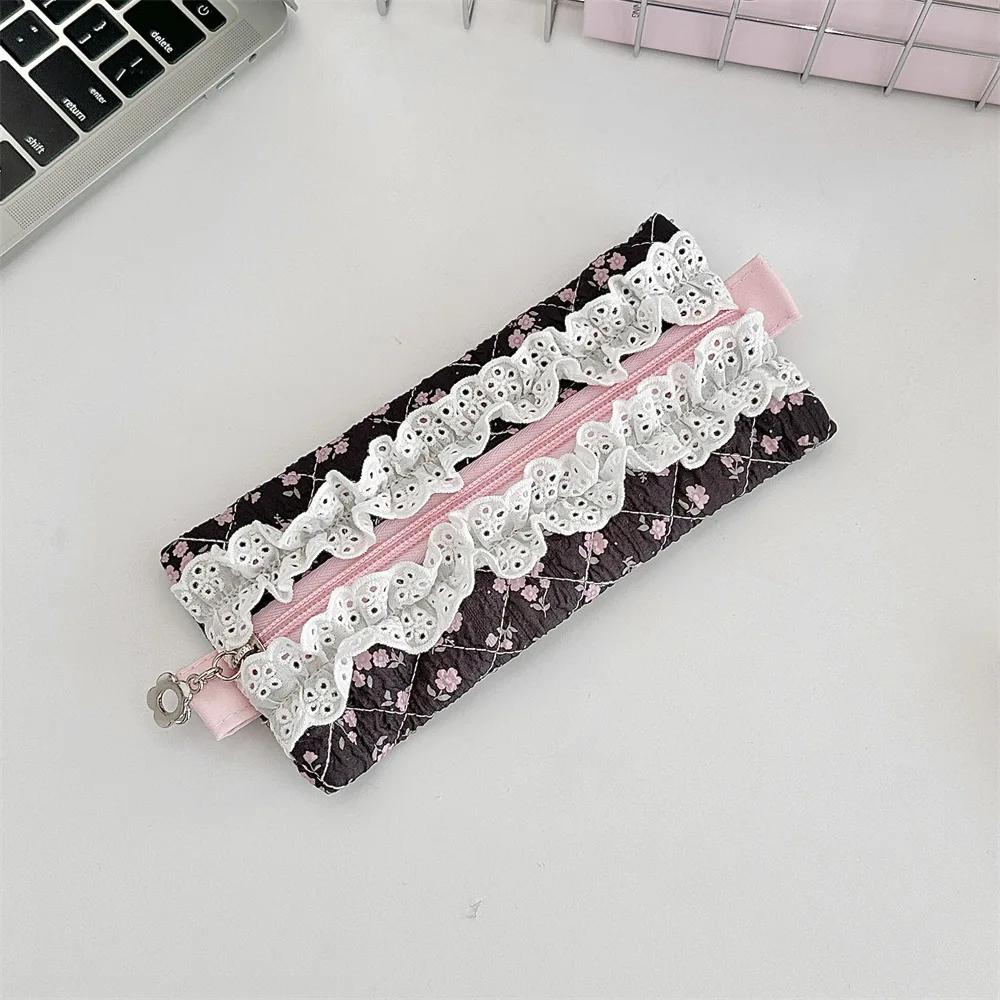 Cute Lace Ruffle Pencil Case for Kids Girl Sweet Cartoon Makeup Brush Organizer Large Capacity Soft Fabric Stationery Storage