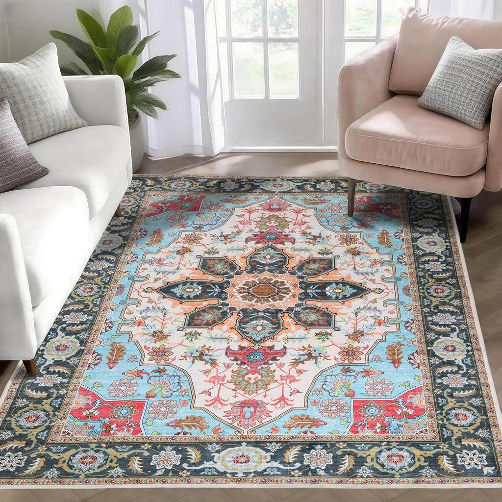 Non-Slip Boho Small Area Rugs for Entryway, Machine Washable Vintage Rug, Indoor Floral Print Carpet for Home Decor