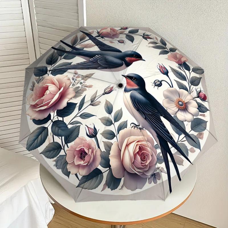 1pc birds flowers Automatic Open/Close Umbrella with Windproof, 8-Rib Sturdy Canopy, Durable Ribs, Fashionable Design1193A