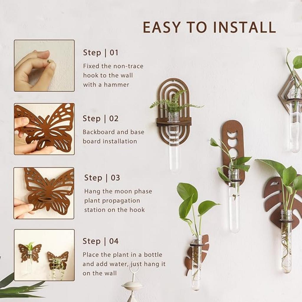 2pcs Wood Plant Terrarium for Hydroponics Plant Propagation Station Butterfly Wall Hanging Home Office Decor Test Tube Propagate Plant Cutting Holder