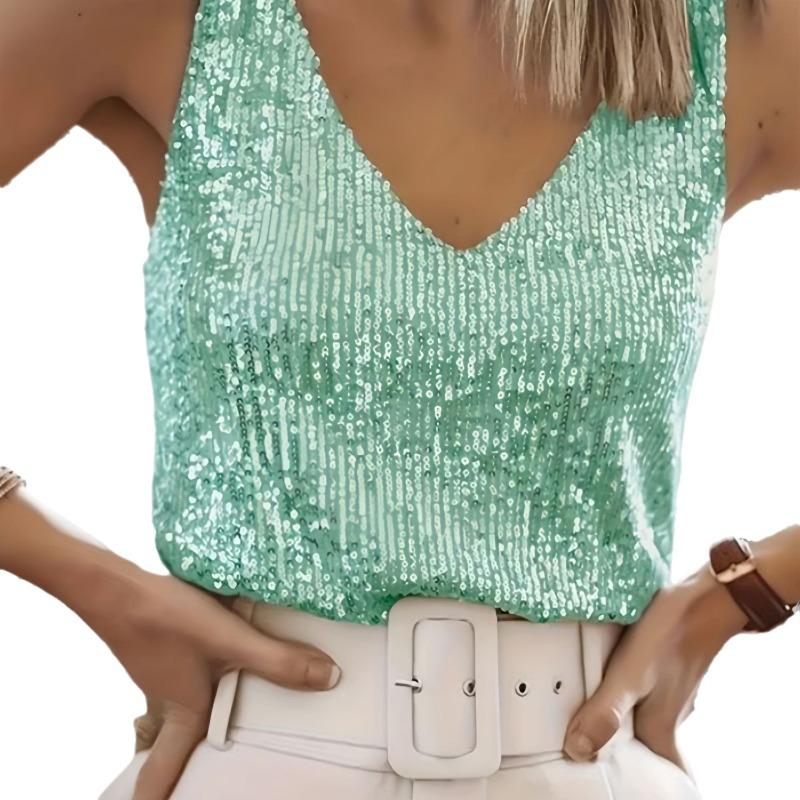 Women Sexy Sequin V Neck Sleeveless Ladies Tank Top