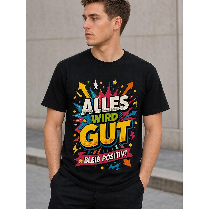 men s short sleeve crew neck t-shirt with vibrant comic-style graphic print saying alles wird gut bleib positiv, soft cotton feel, relaxed fit for S чёрный