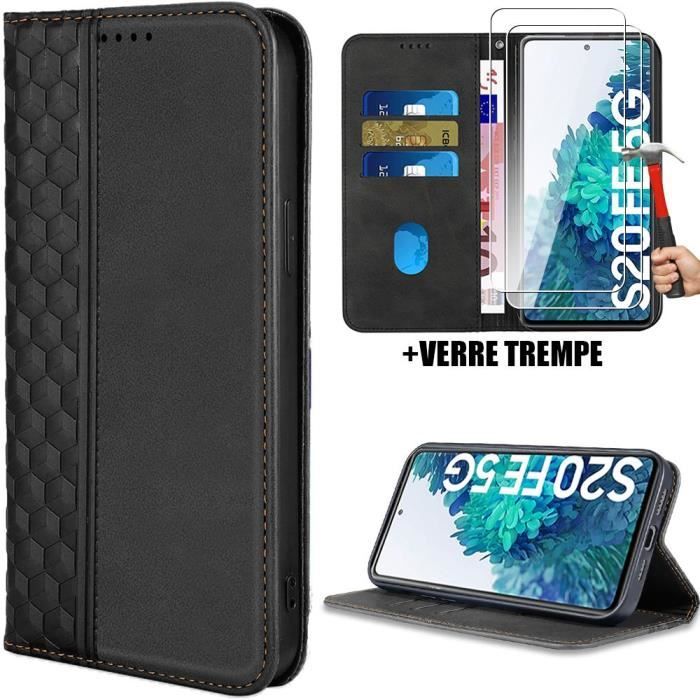 Coque de protection - Samsung - Galaxy S20 FE - Cuir PU Noir - 2 Verres Trempés - Fermeture Magnétique