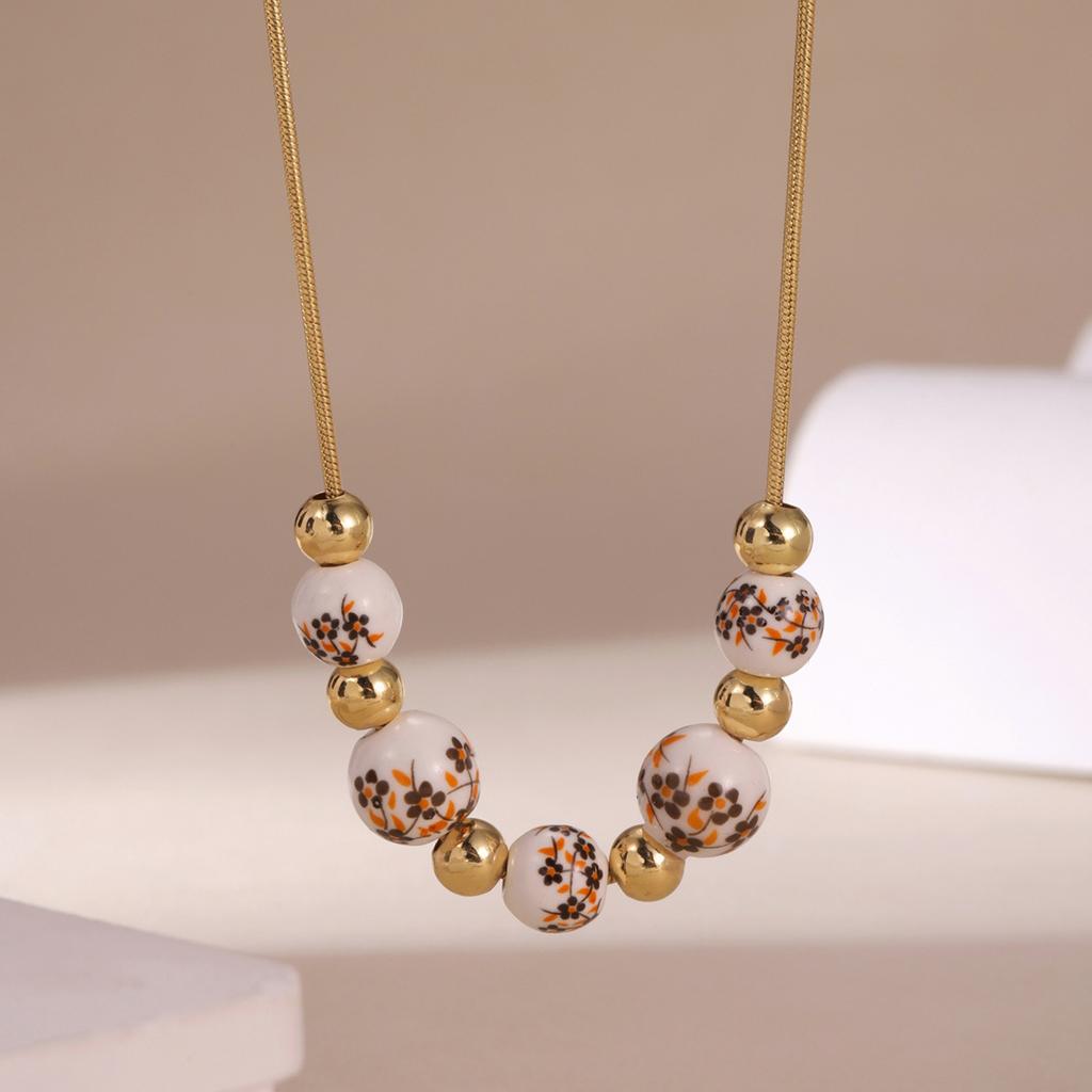 Temperament national style blue and white porcelain round bead fringed necklace, simple and versatile high-end necklace