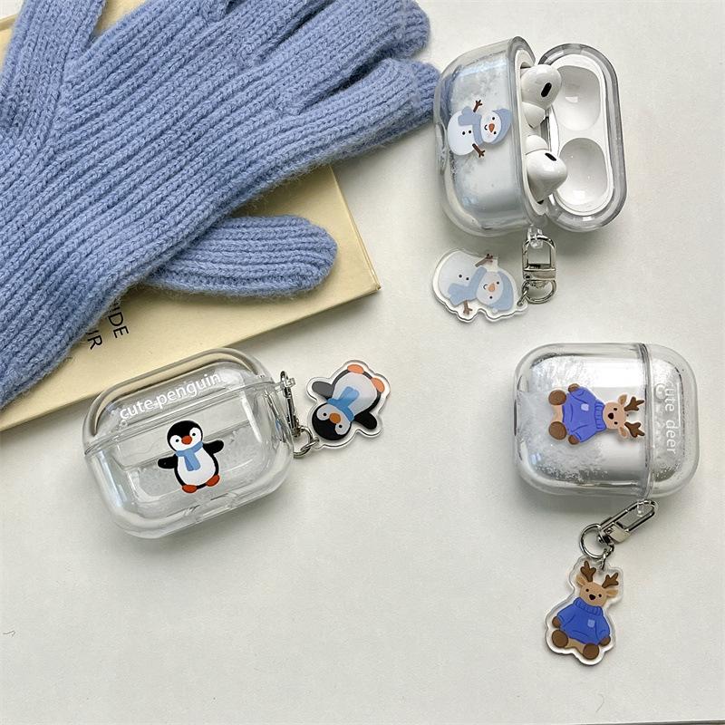 Quicksand Shell Cute Penguin Snowman for AirPods 1 /1 Earphone Protective Case Cover 1pro Three Generations of Creative Personality