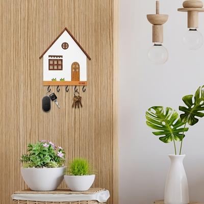 Creative Wooden Wall Mount Key Holder 5-Hook Design Multi-Purpose Key Rack House Shape Rustic Decorative Hooks Entryway