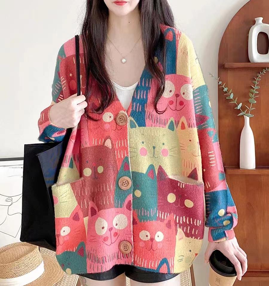 

DIMANAF Новинка 2024 года, осенние свитера больших размеров, кардиган большого размера, женские свитера с цветочным принтом и мультяшным принтом, вязаный свитер One Size красный