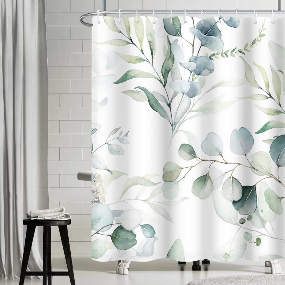 Green Plant Leaf Pattern Shower Curtain Waterproof Polyester Fabric Bathroom Decorative Shower Curtain 12 Hooks