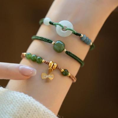 Bracelet pour femme en jade Hetian - Corde tressée réglable avec une seule perle et boucle de paix - Charme de bonne chance luxe léger, Cadeau parfait pour les meilleures amies.