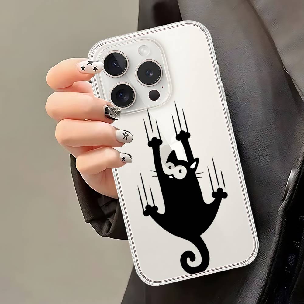 Black Cat Scratching Wall Phone Case Soft Transparent Case For IPhone 17 16 15 14 13 12 11 Pro Max Mini Plus Shockproof Cover Ca