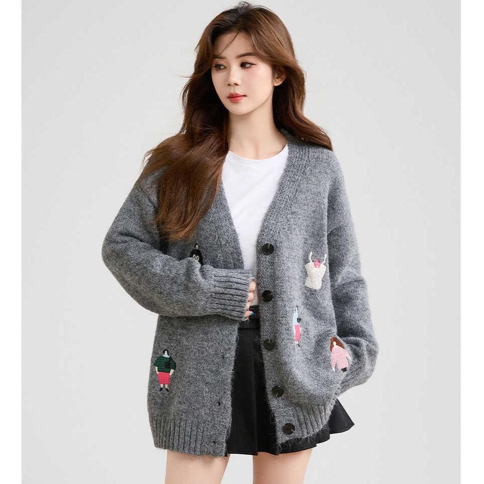 Dimanaf Winter 2025 Autumn Cardigan Embroidery Women Buttons Sweaters Knitting Fashion Loose Sweater
