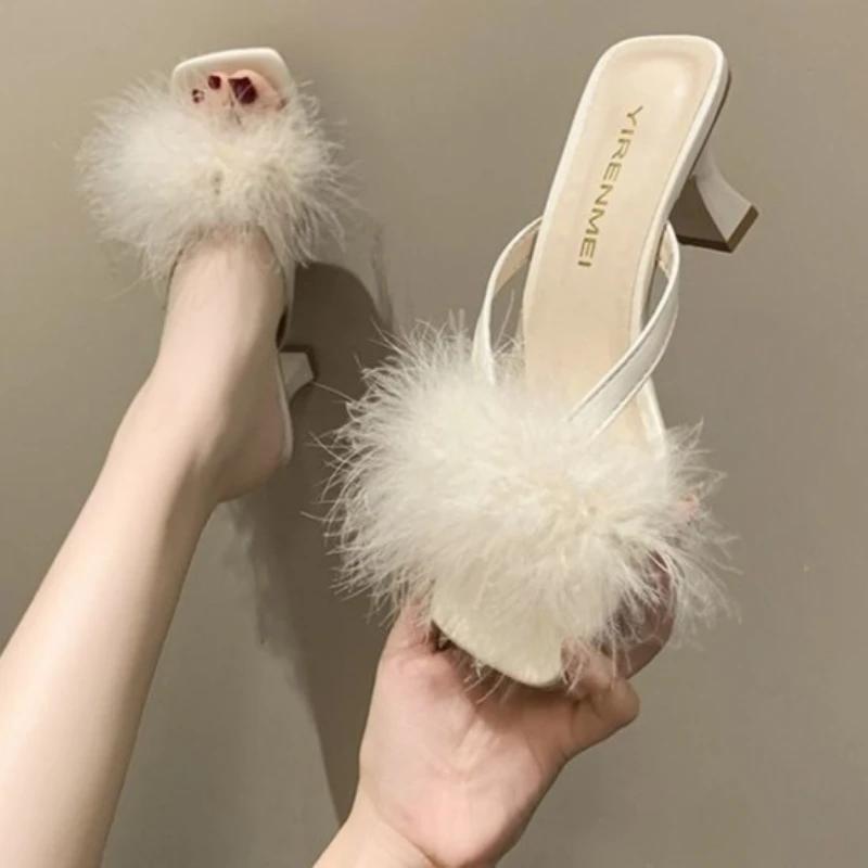 Fashion Outside Heeled Women's Slippers and Ladies Sandals High Quality Designer Luxury Slides Chic Elegant Small Size 2025 Trend Shoes