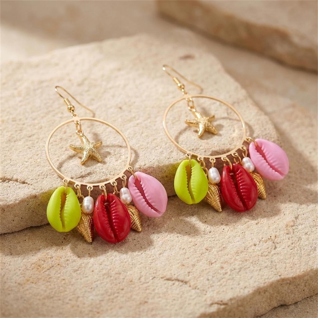 Colorful Starfish Shell Conch Imitation Pearl Earrings Simple Geometric Hoop Fringe Drop Earrings Bohemian Style Accessory