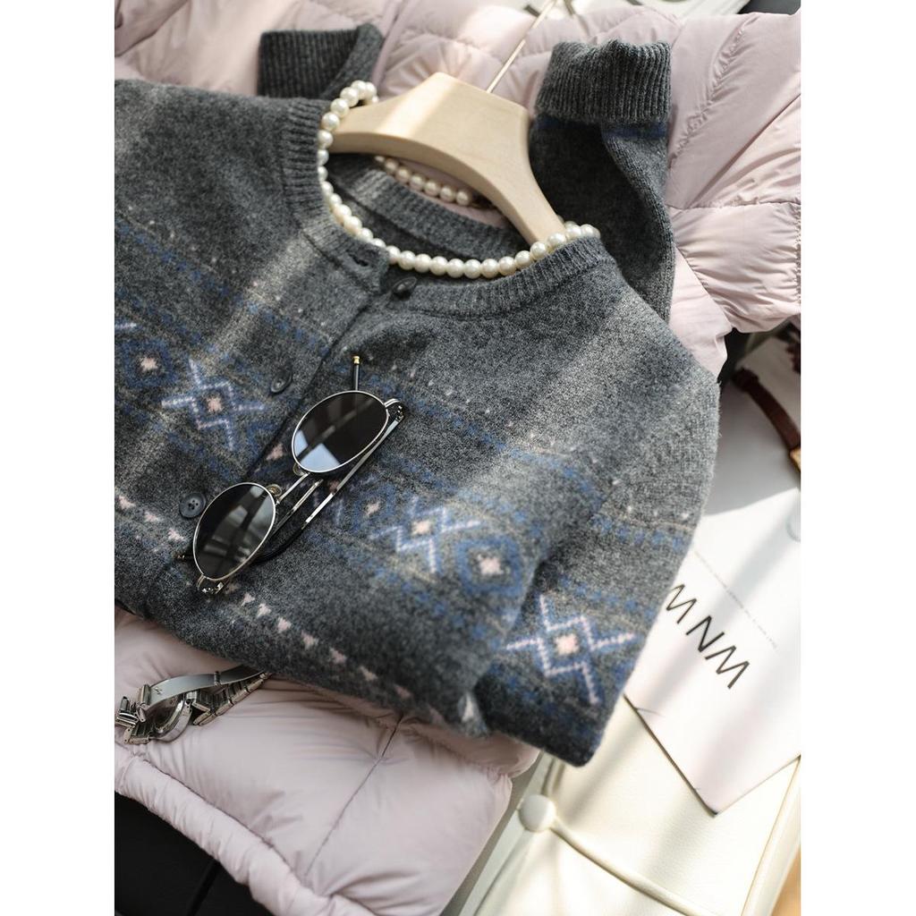 Women's Retro Fair Isle Wool Jacquard Round Neck Loose Cardigan Sweater, Autumn Collection