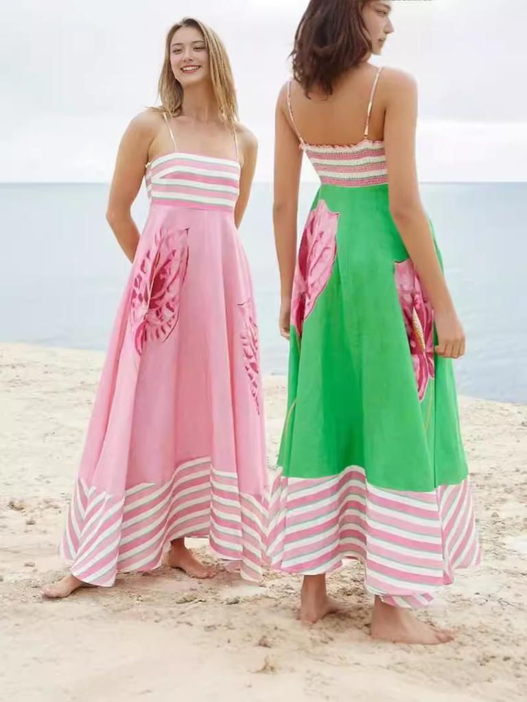 Summer New Sexy Strappy Printed Striped High Waist Wide Leg Dress