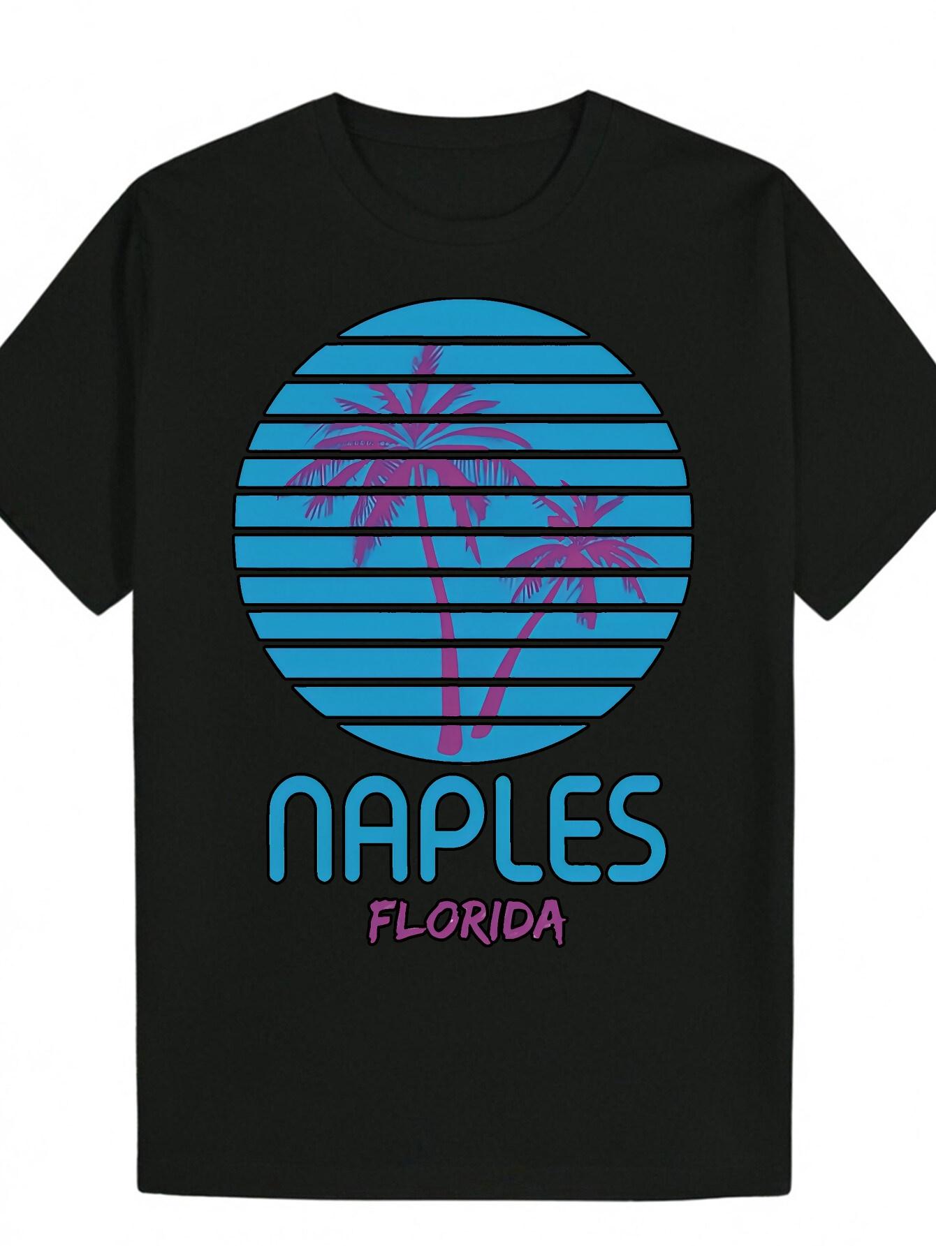 Tropical Palm Tree Print T-shirt - Casual Summer Crew Neck Polyester Tee with Naples Florida Design XXXXL