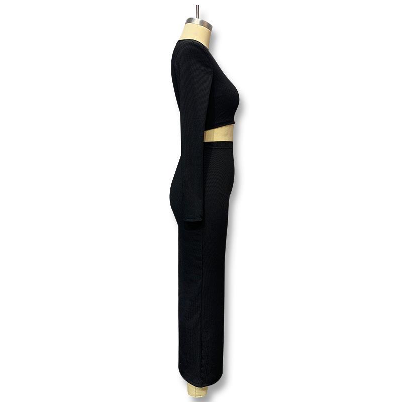 Women's Solid Color Knit Long-Sleeve Top & Midi Slit Wrap Skirt Set