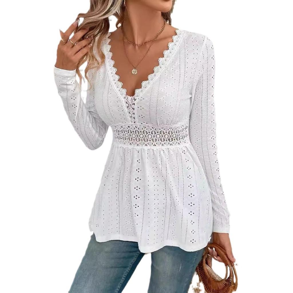 Spring Elegant Women Solid Color V-Neck Splicing Lace Long Sleeve T-Shirt Top Women Versatile Closet Essential Fashion Items Shirt