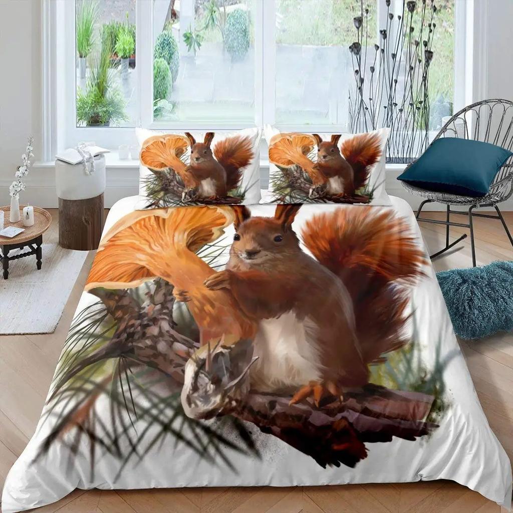 Cute Squirrel Duvet Set 3D Animal Theme Bedding Set Three-Piece Set