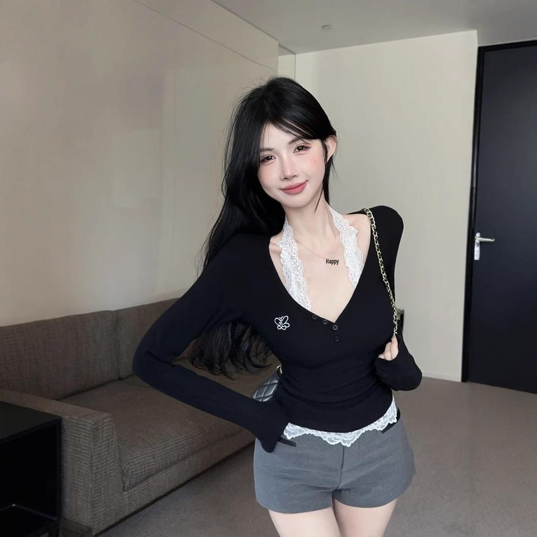 

Elegant Black V-Neck One-Shoulder Slimming Halter Top for Women - Spring Collection XL чорний