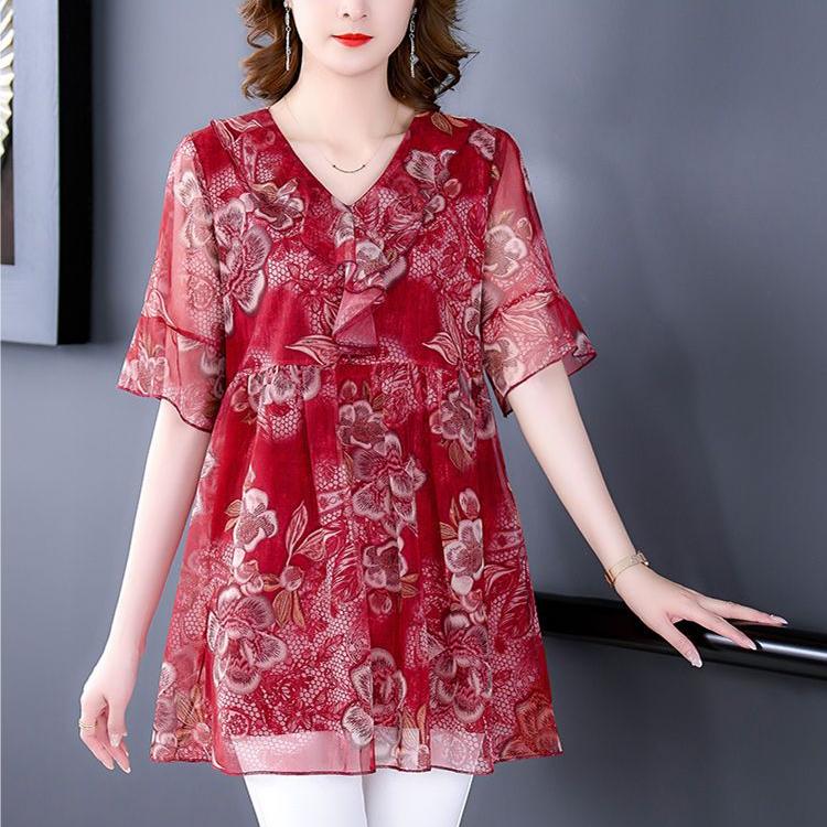 Women's Plus Size Blouse Summer Stretch Print Mesh Blouse Oversized Shirt Short Sleeved Loose  Blouse Top