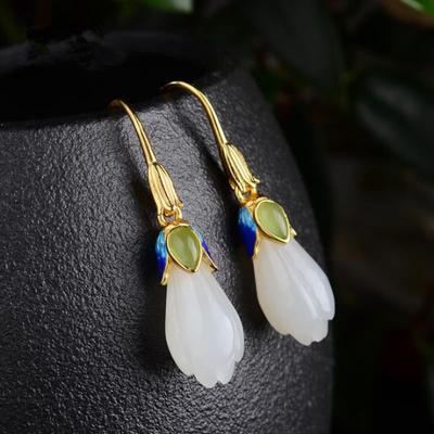 Natural Hetian Jade Orchid Earrings For Women Exquisite Chinese Style Creative Design Light Luxury Long Jewelry Accessories