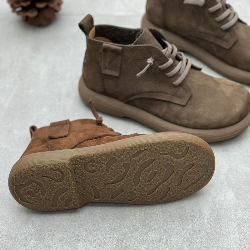 Johnature Retro Handgemachte Kurze Stiefel aus echtem Leder Runde Zehenpartie Gummiband Slip-on Damenschuhe