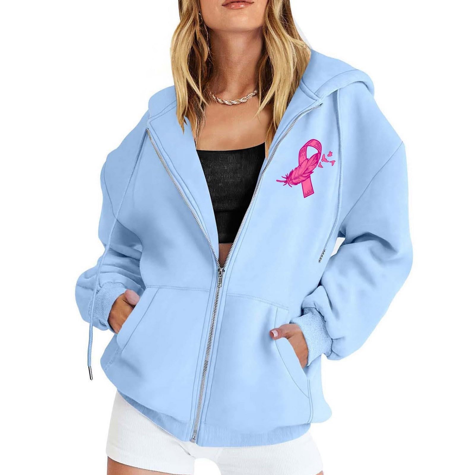 

Women s Breast Sweatshirt Ribbon Breast Long Sleeve Hooded Pocket Casual Sweatshirt Jacket XL небесно-голубой