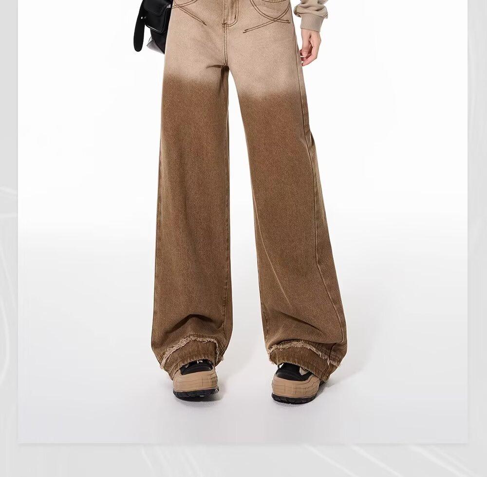 Women's Gradient Brown High-Waisted Wide-Leg Jeans - Spring/Autumn 2024, Loose Slimming Straight-Leg Floor-Length Trousers