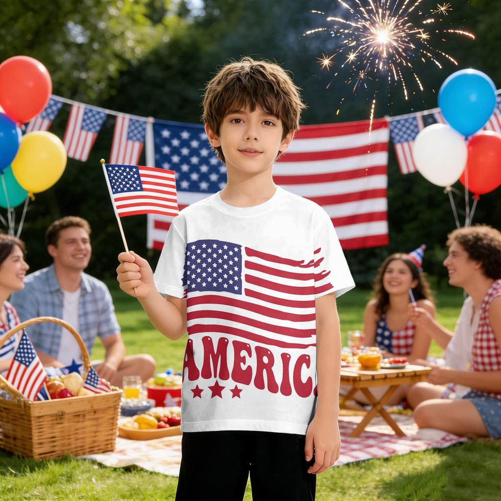 Kids Independence Day Print Round Neck Short Sleeve Casual T-shirt